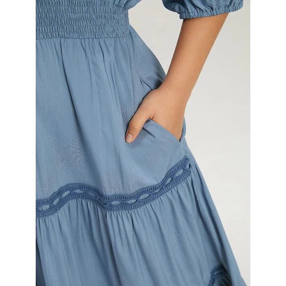 💙 Blue Shirred Layered Midi Dress with Pockets – BloomChic, Size 5X (28) - Picture 5 of 6